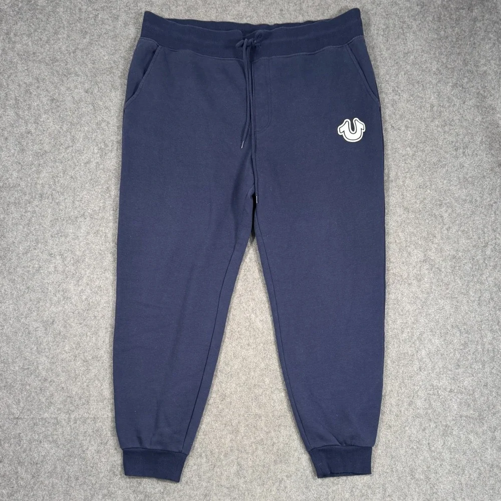 True Religion Navy Blue Fleece Knit Drawstring Jogger Sweatpants Men's Size XXL